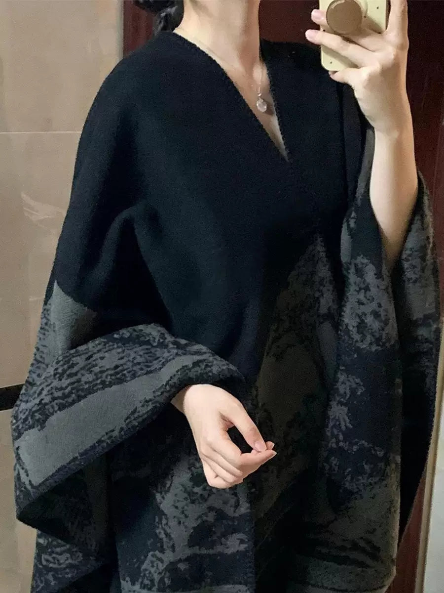 La Chapelle vintage high-end black and gray large shawl for women, layered thickened warm cape, spring/autumn cardigan