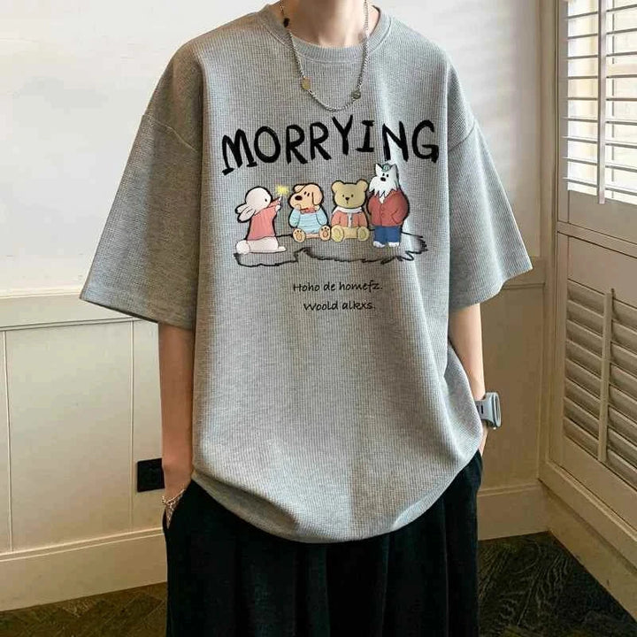 Gray MORRYING t-shirt with colorful cartoon characters print, oversized casual fit, soft fabric.