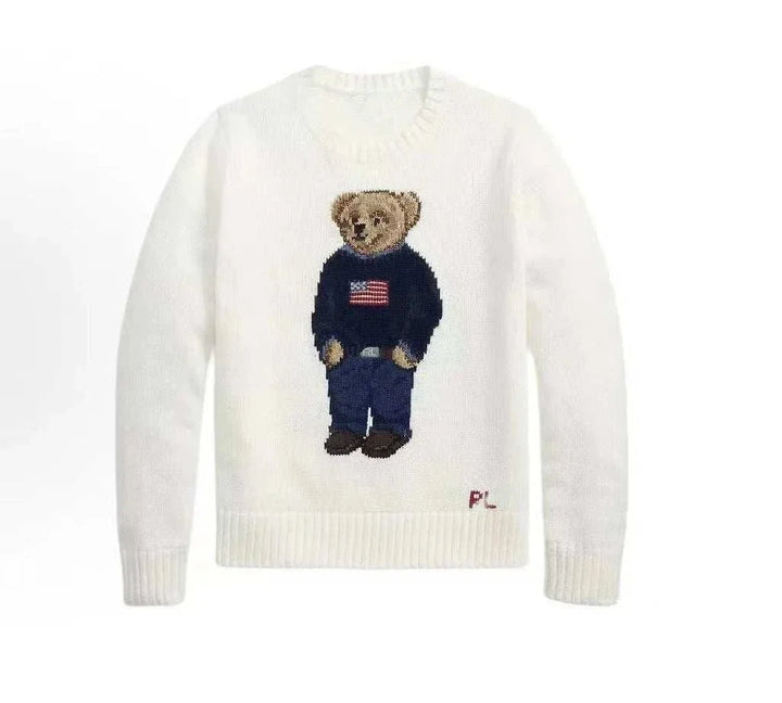 كنزة رجالية قطنية أبيض مع تطريز دب أنيق من polo Bear sweater لخريف وشتاء 2025