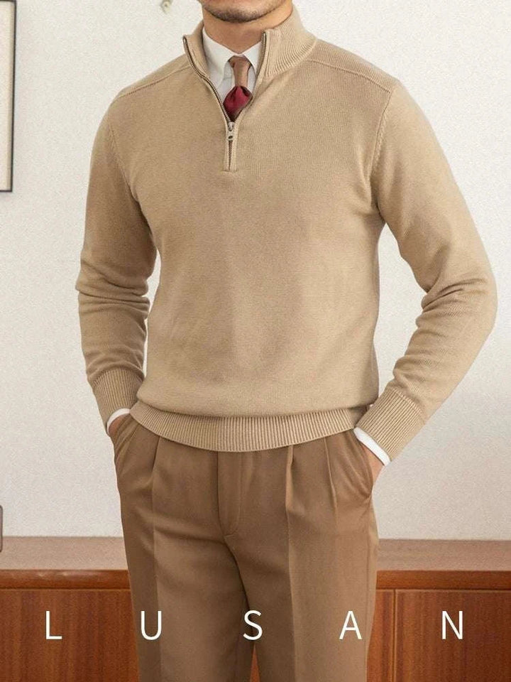 Mr. Lusan Italian slim stand collar sweater beige with zipper and ribbed hem