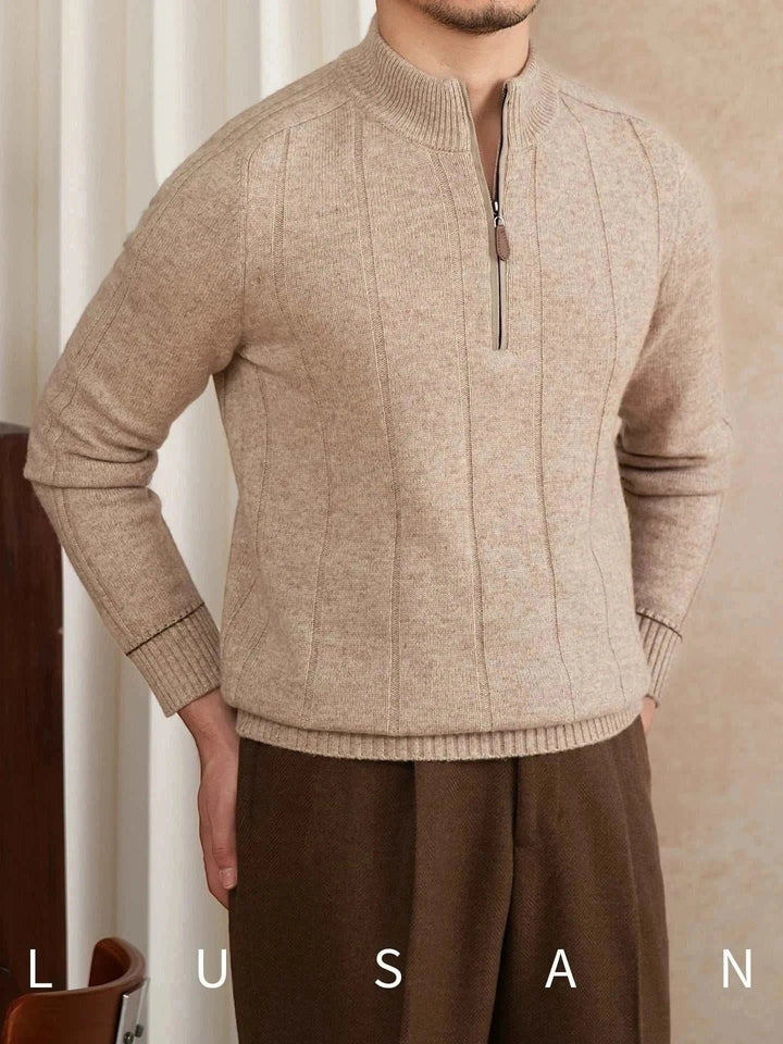 Mr. Lu San's 30% wool beige sweater with half-zip and ribbed cuffs for elegant warmth
