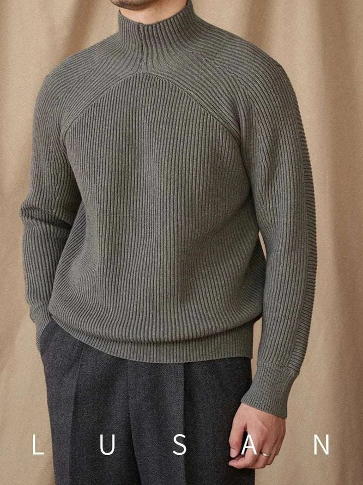 Mr. Lu San pullover sweater khaki ribbed knit with short mock neck and long sleeves for casual and formal wear
