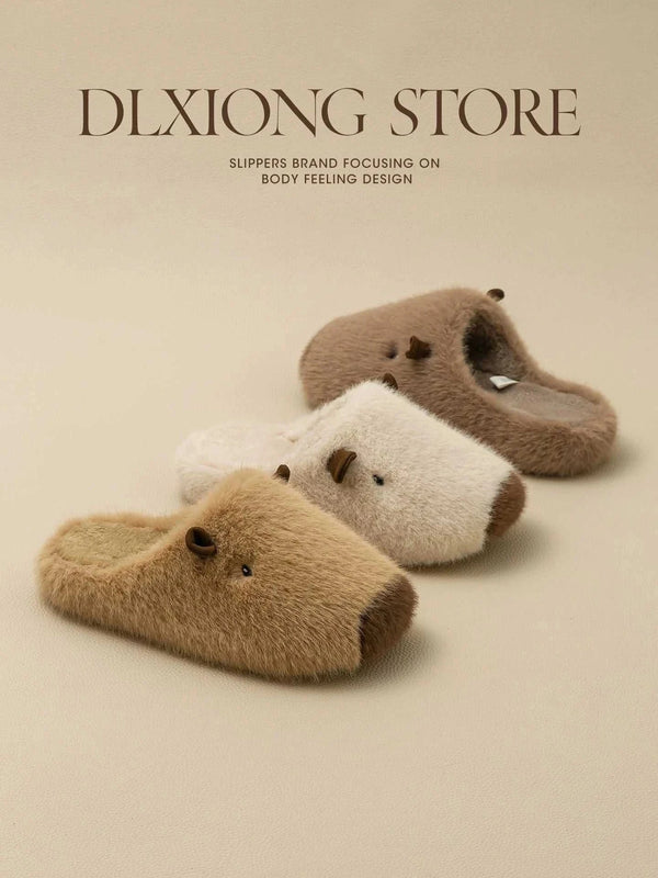 نعل منزلي قطني ناعم مزين بتفاصيل كابيبارا لطيفة بألوان بيج وبني وكريم ورمادي