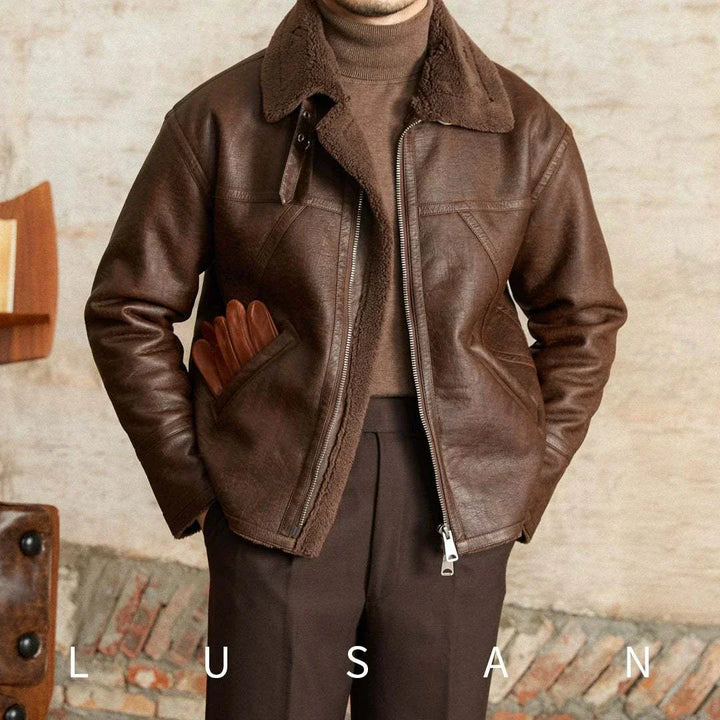 Mr. Lu San leather jacket in brown with shearling lining and metal zipper, styled for a warm and elegant look.