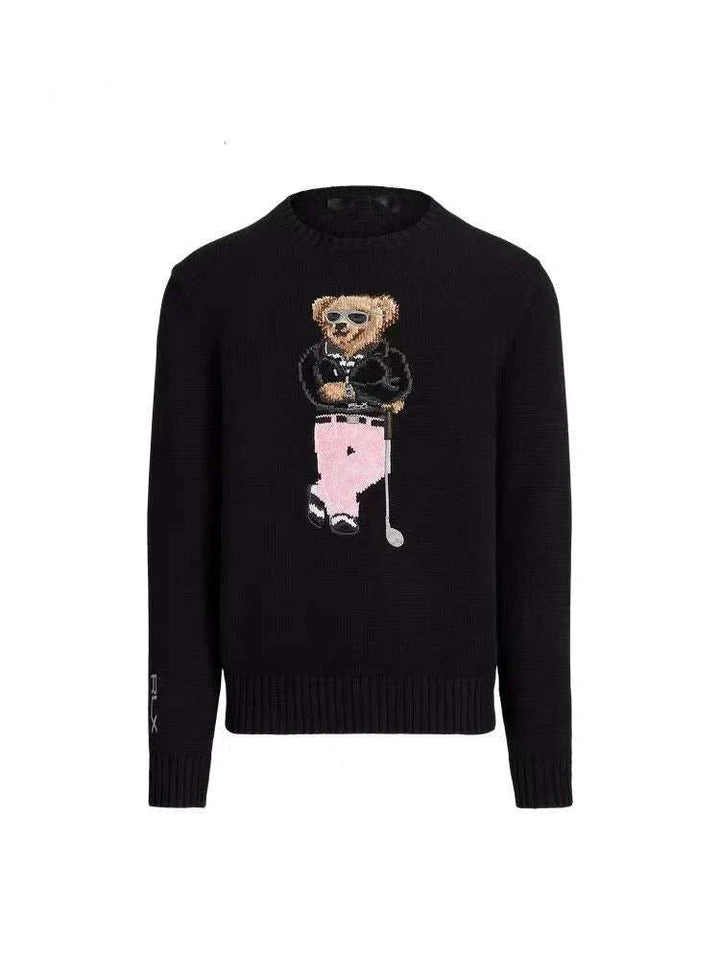 كنزة بولو بير للرجال من القطن بخياطة دقيقة وتصميم دب مطرز أنيق للشتاء