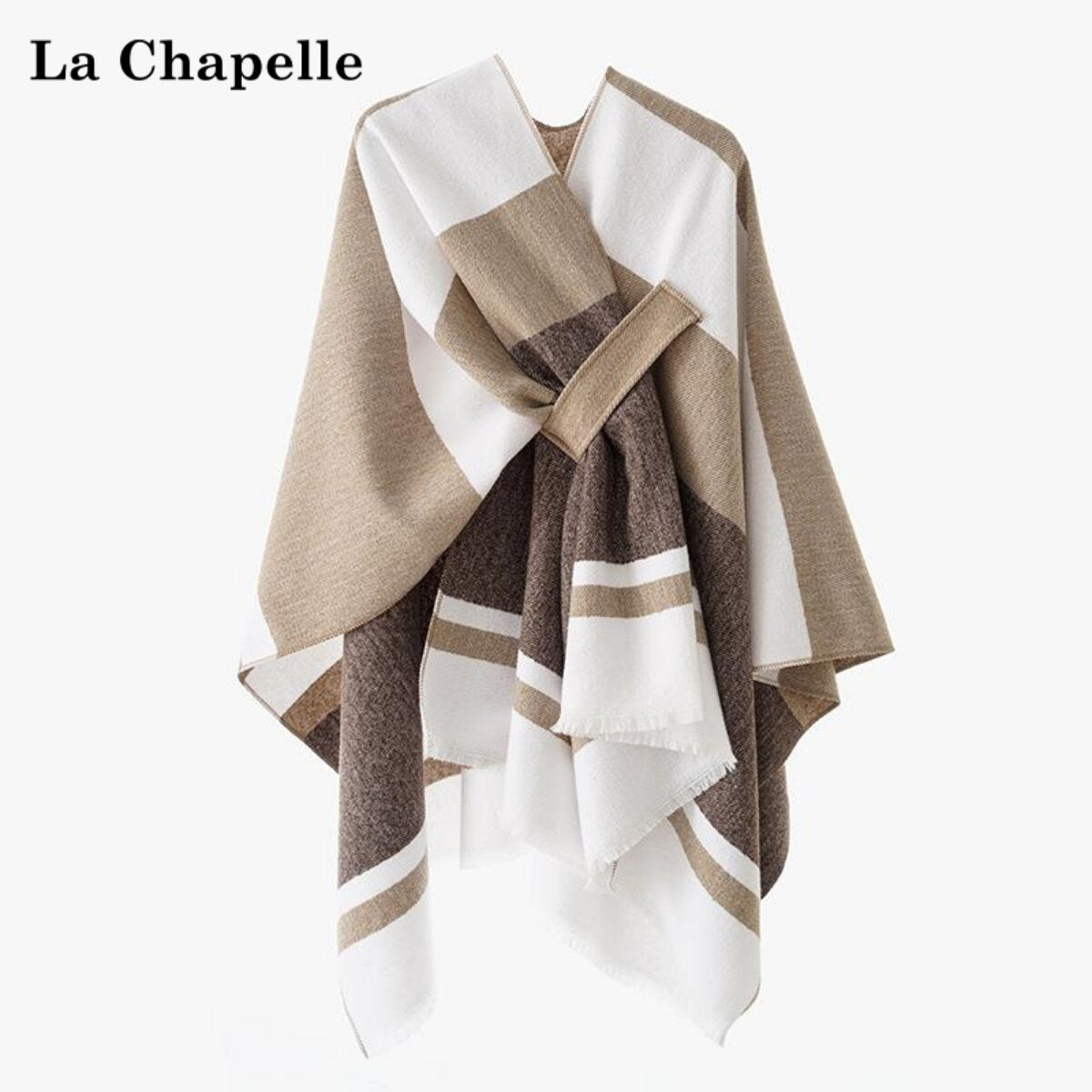 شال نسائي شتوي La Chapelle بكتل لونية بنية وكريمية مع العقدة الأمامية
