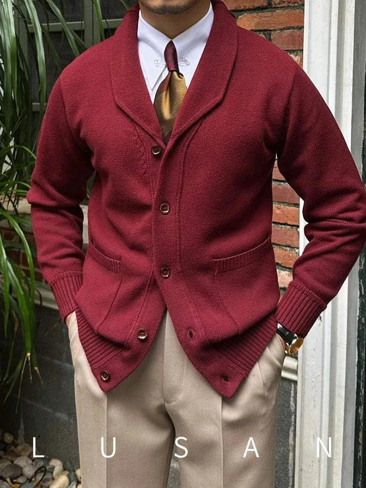 Mr. Lu San Japanese slim casual cardigan with shawl collar and brown buttons in warm red color