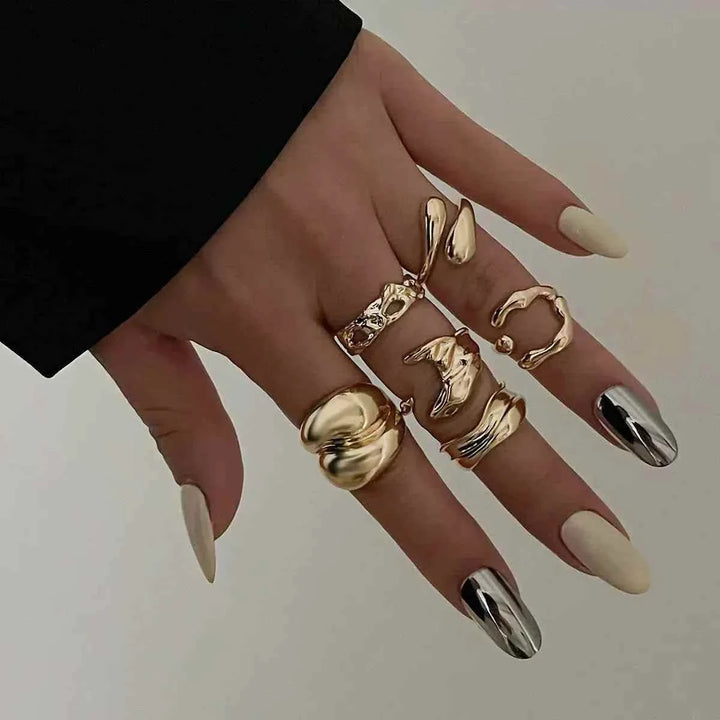 طقم خواتم نسائية معدنية بتصميم مفتوح على شكل قطرة ماء بلمسة لامعة وعصرية بأسلوب أوروبي وأمريكي للموضة المتقاطعة