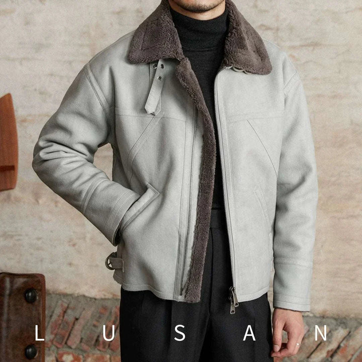 Mr. Lu San leather jacket in gray with warm shearling lining and high-quality zippers for stylish comfort
