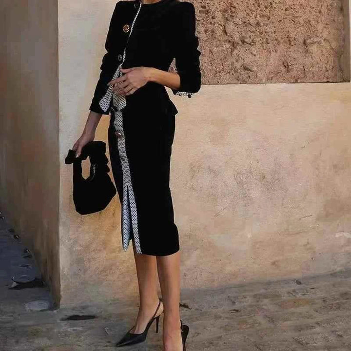 ZA Women's New Spring 2025 retro contrast spliced long sleeve blazer with high-waisted skirt suit in black and white.