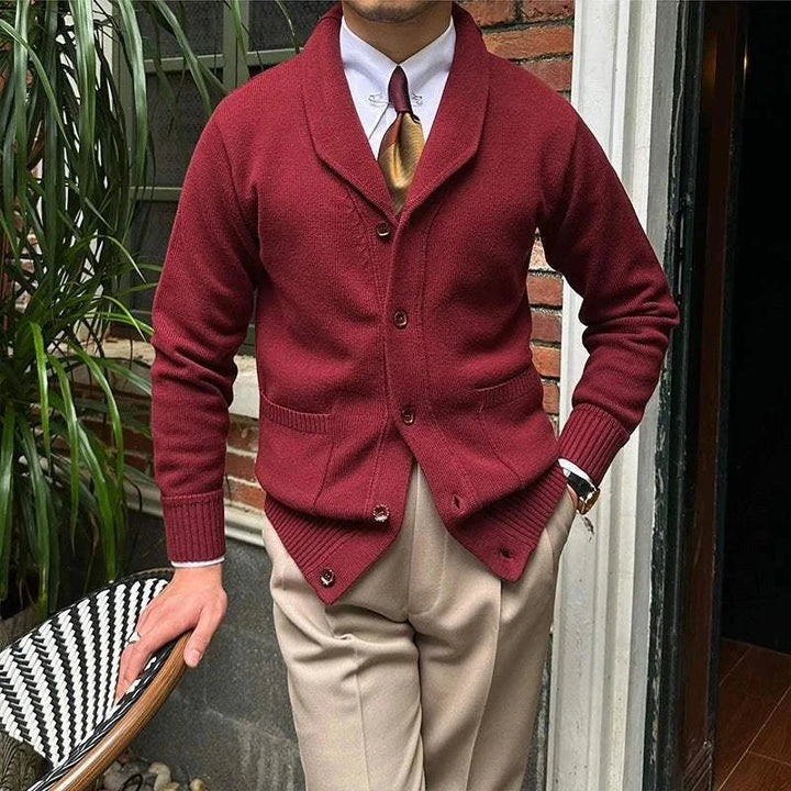 Mr. Lu San Japanese slim casual cardigan in red with shawl collar and brown buttons