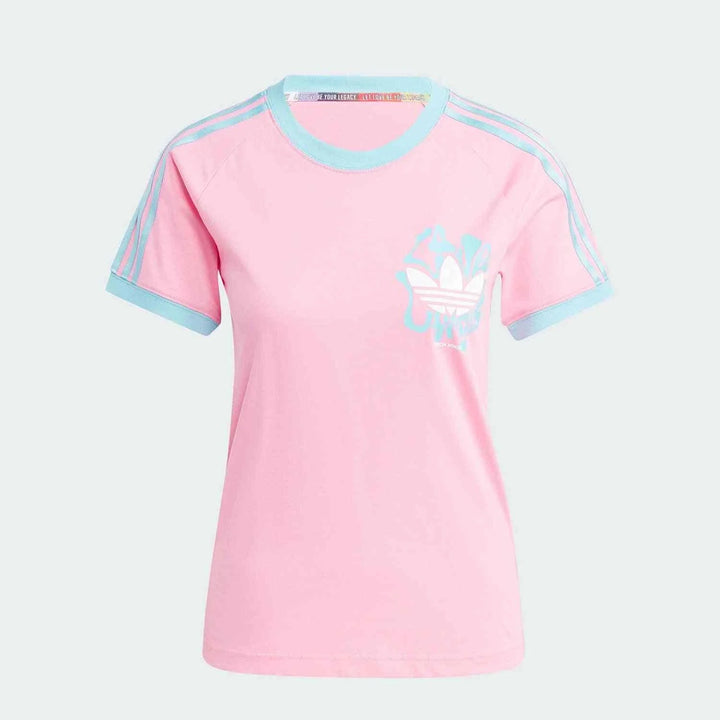 Pink Adidas T-shirt with light blue accents and Trefoil logo, women's casual sporty style