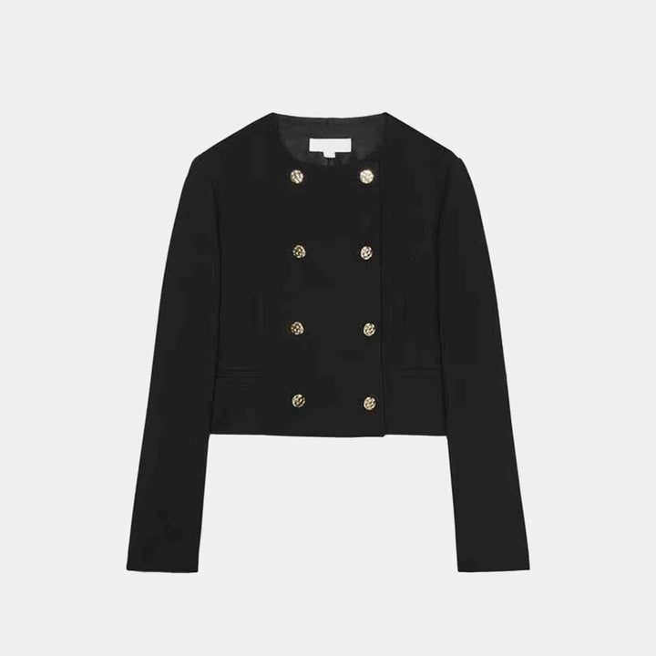 Black women's European and American style cropped jacket with gold double-breasted buttons for autumn 2025
