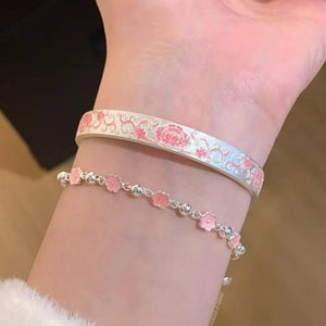 طقم أساور فضة تصميم الزهور الوردية Enamel Style.