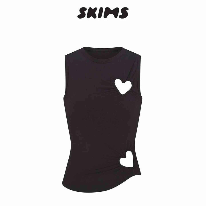 Black SKIMS Kardashian women's heart design sleeveless top with open heart cutouts on chest and waist