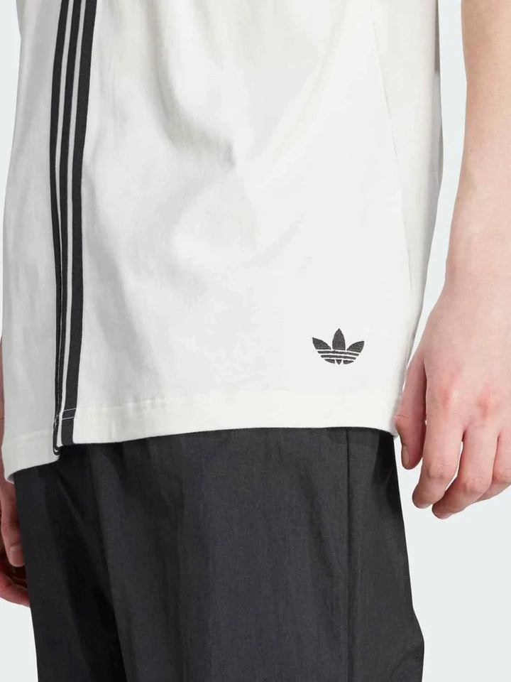 Adidas classic white t-shirt with three black stripes and logo, soft cotton fabric, casual fit for daily wear