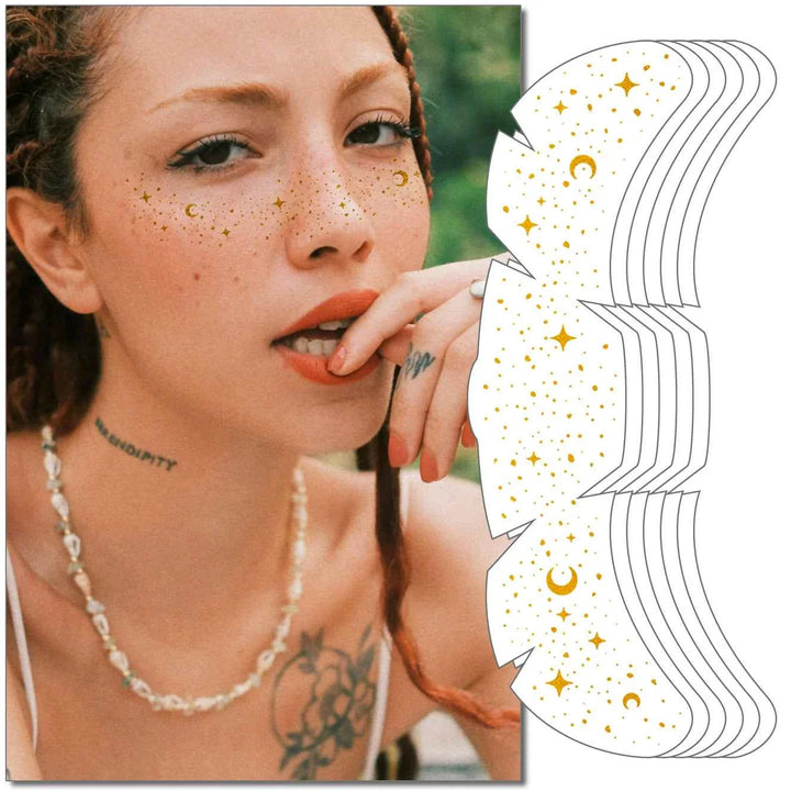 Taylor Swift Freckle Makeup Patches with gold stars and moons on model's face for a radiant, confident look