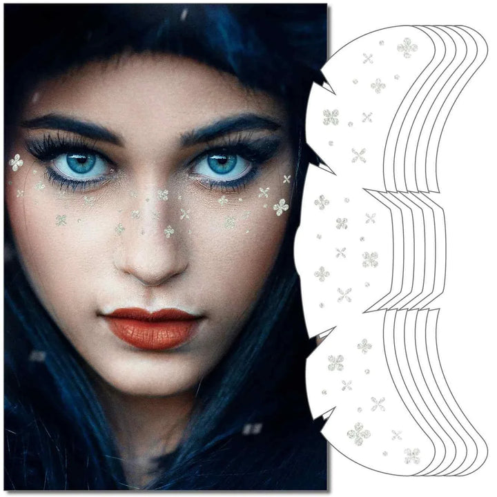 Taylor Swift Freckle Makeup Patches on model's face creating sparkling freckle effect with blue eyes and red lips