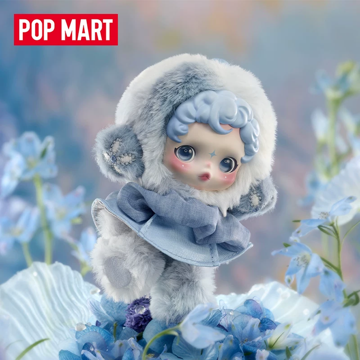 POPMART OSKULLPANDA collectible doll in light woven garden theme with soft plush and movable parts.
