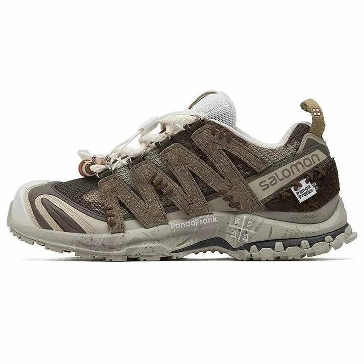 Salomon XA Pro 3D PandaPrank Ice Warrior Limited Edition hiking shoe in earthy brown and cream tones with Contagrip sole and rope-style laces.