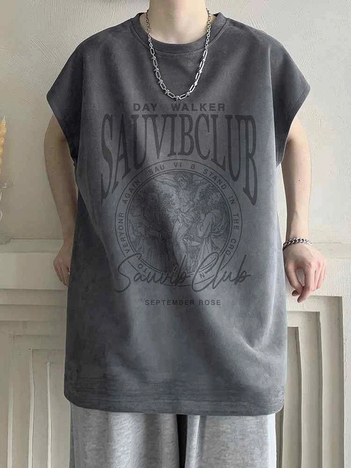 Sleeveless SAUVIBCLUB graphic t-shirt in dark gray with bold street style print, comfortable and casual fit.