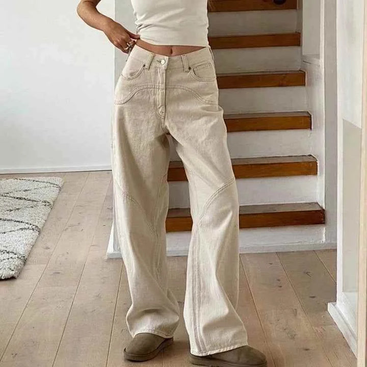 beige high-waisted wide-leg cotton pants for women in casual setting