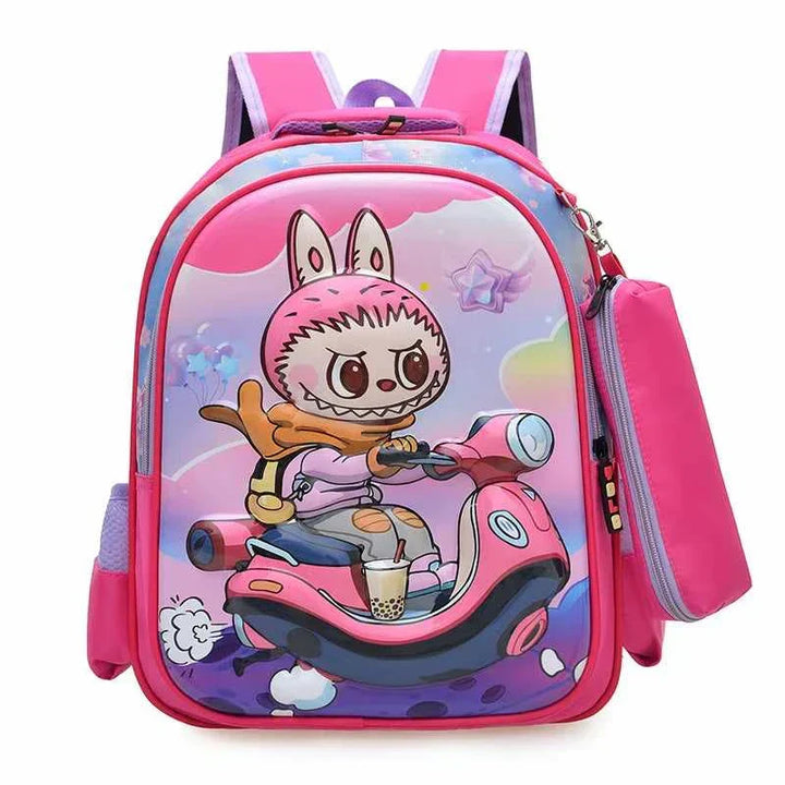 Pink LABUBU cartoon backpack with a cute character riding a scooter, lightweight and spacious with multiple pockets and padded shoulder straps.