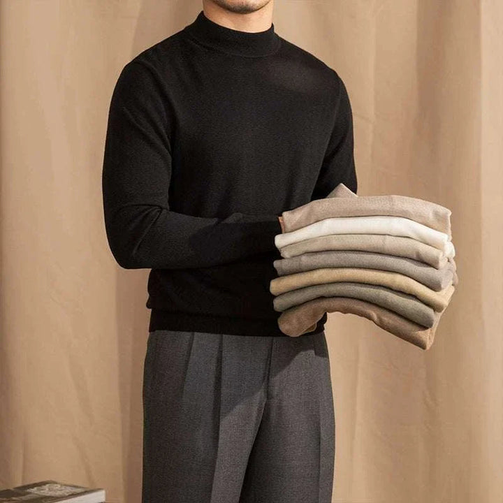 Mr. Lu San's 30% wool slim half-high neck sweater in various neutral colors, soft texture, and classic fit