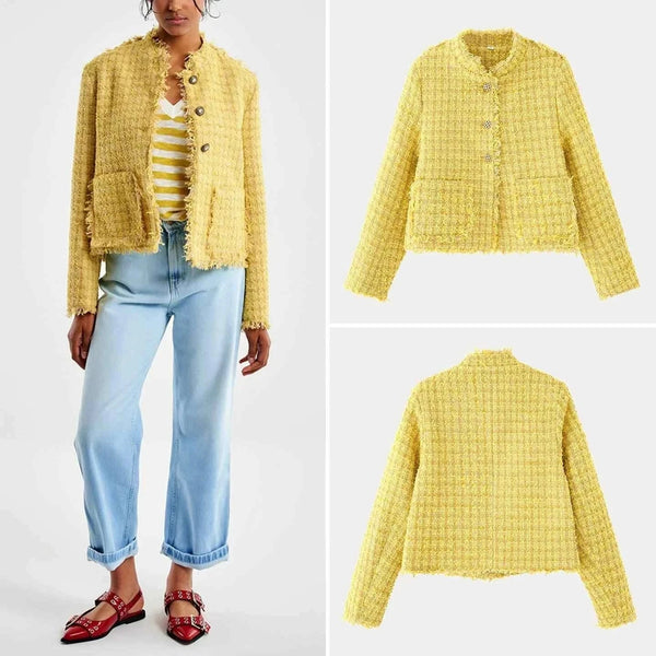 سترة نسائية صفراء صغيرة ذات تصميم أنيق وعصري مناسبة للارتداء women's clothing اليومي المريح في خريف 2025