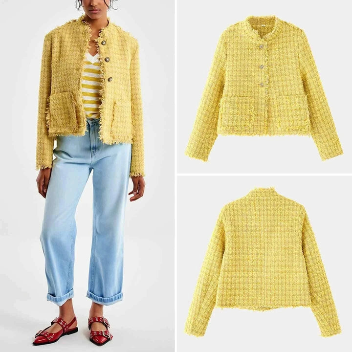 سترة نسائية صفراء صغيرة ذات تصميم أنيق وعصري مناسبة للارتداء women's clothing اليومي المريح في خريف 2025
