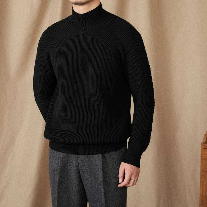 Mr. Lu San pullover sweater black ribbed knit with short mock neck and long sleeves for men
