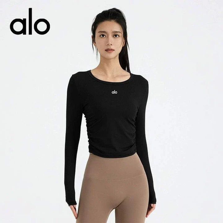 تيشرت alo clothing بأكمام طويلة برقبة دائرية عالي المرونة سريع الجفاف أسود بتصميم أنيق ومريح للرياضة والأنشطة اليومية