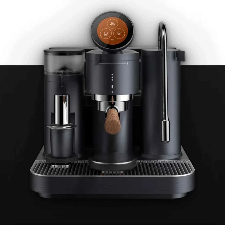 Espresso machine with dual boiler system, touchscreen, and sleek design.