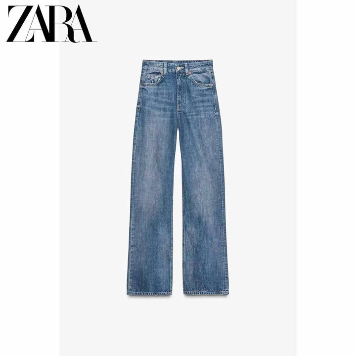 ZARA جينز ستريت ليج نسائي كاجوال عصري بلو لون أزرق بقصة مستقيمة وتصميم مريح عالي الجودة