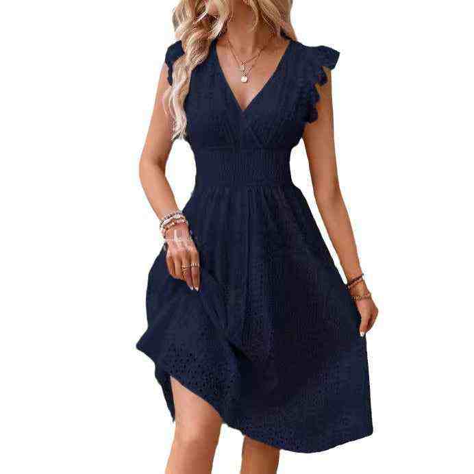 Elegant V-neck plus-size cut-out dress with ruffle sleeves for women's fashion.