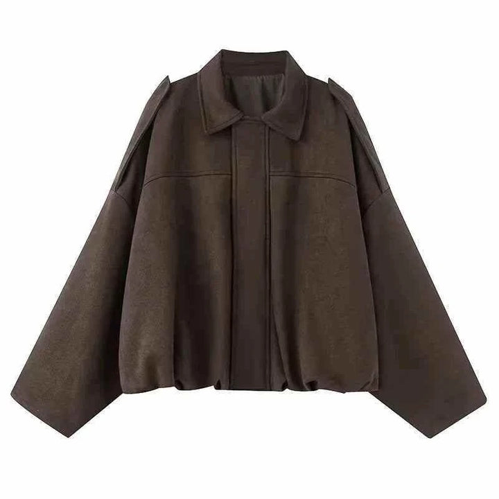 جاكيت بومبر نسائي بني بأكمام دولمان وياقة من جلد الياقة من مجموعة WMXZ Spring