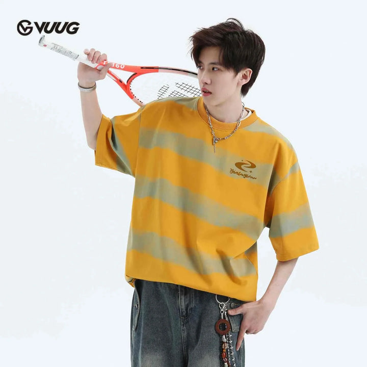Men's loose-fit Ice Silk T-shirt in yellow and gray stripes, lightweight and wrinkle-resistant design for comfort and style.