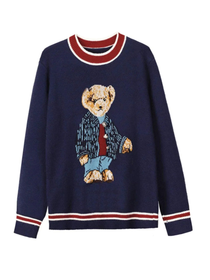 سويتر لايزي بير كحلي بياقة مخططة ودب مطرز وأطراف أكمام مخططة موديل عصري ومريح