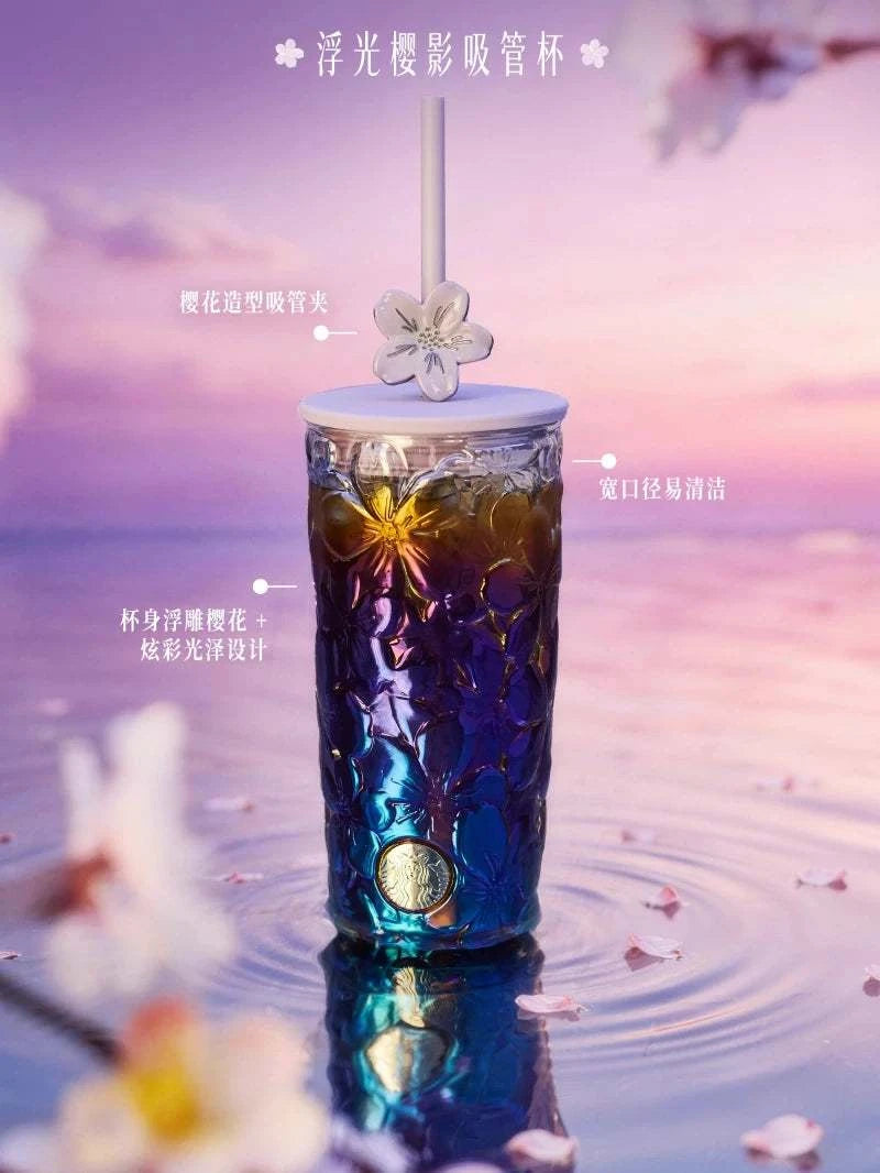 Starbucks cup 2026 Twilight cherry blossom fluttering small fresh ins embossed cherry blossom table cup glass straw water cup.