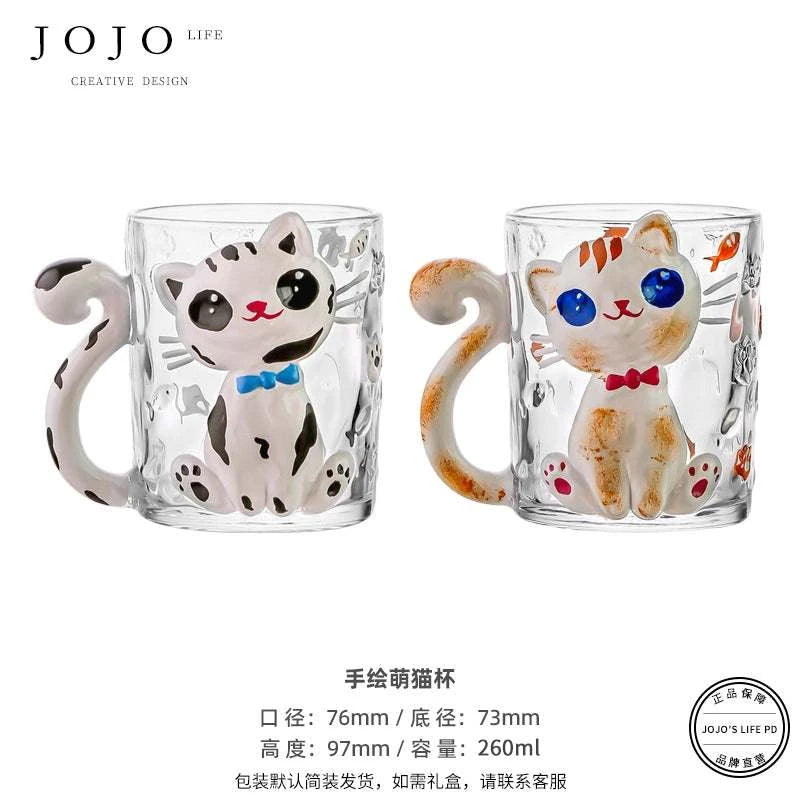 JOJO hand-painted cute cat glass coffee cup.