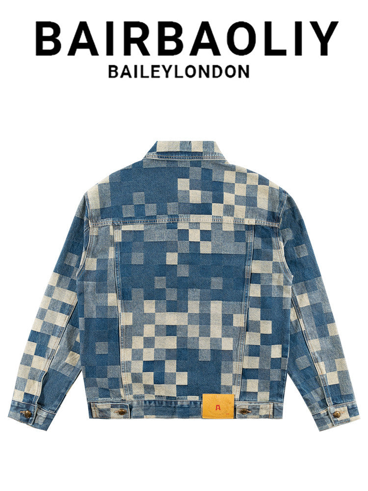 BAIRBAOLIY American light luxury mosaic checkerboard denim jacket trendy pure cotton loose versatile jacket for men