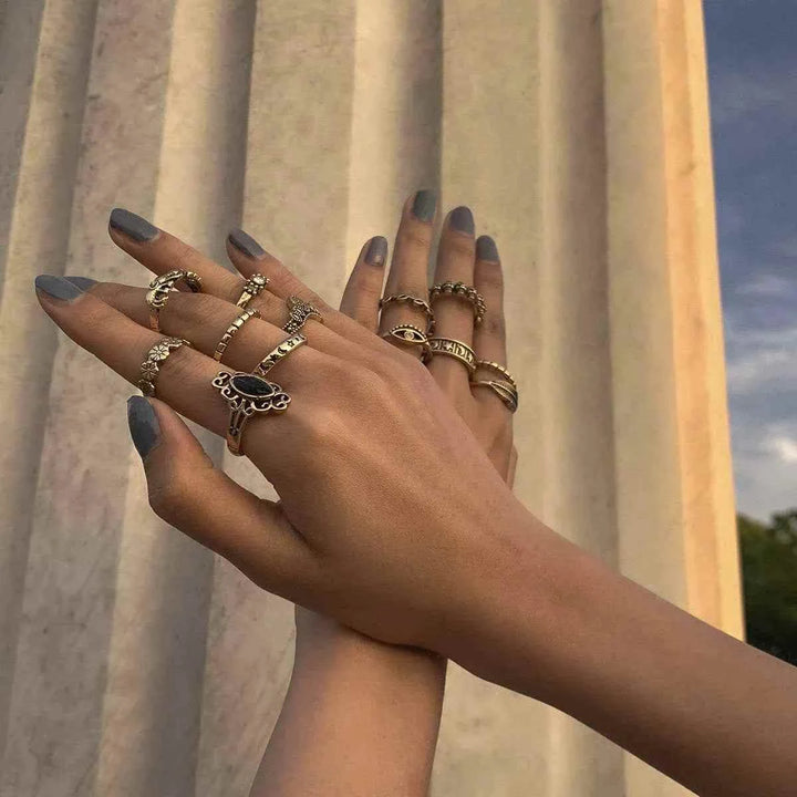 Fashionable retro punk style metal ring set European and American multi-element geometric hollow distressed ring hand ornament women