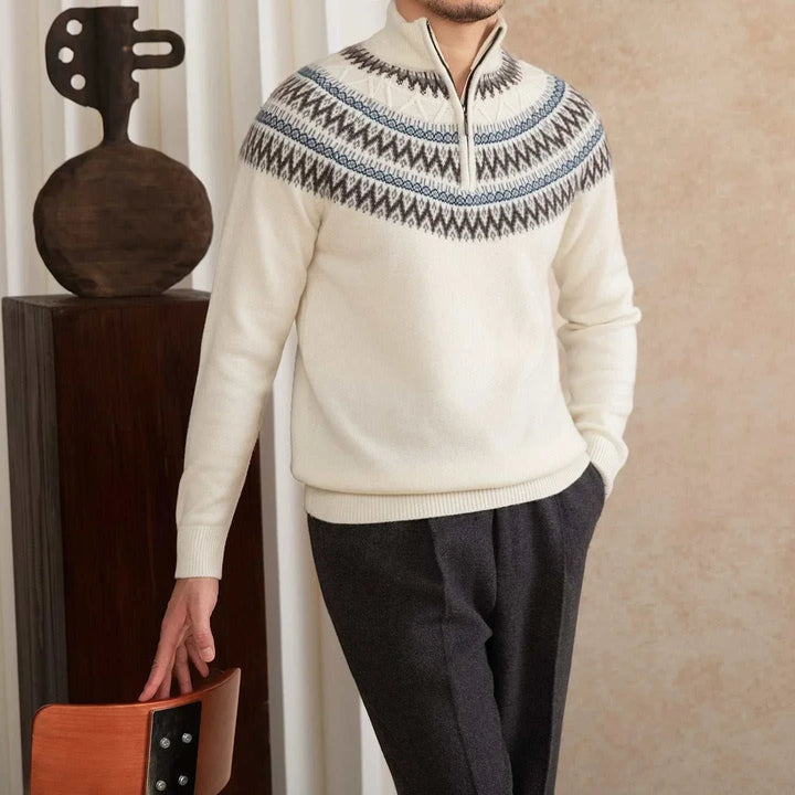 Mr. Lu San 100% wool slim sweater with Scandinavian pattern and half-zip collar in neutral color, elegant and warm.