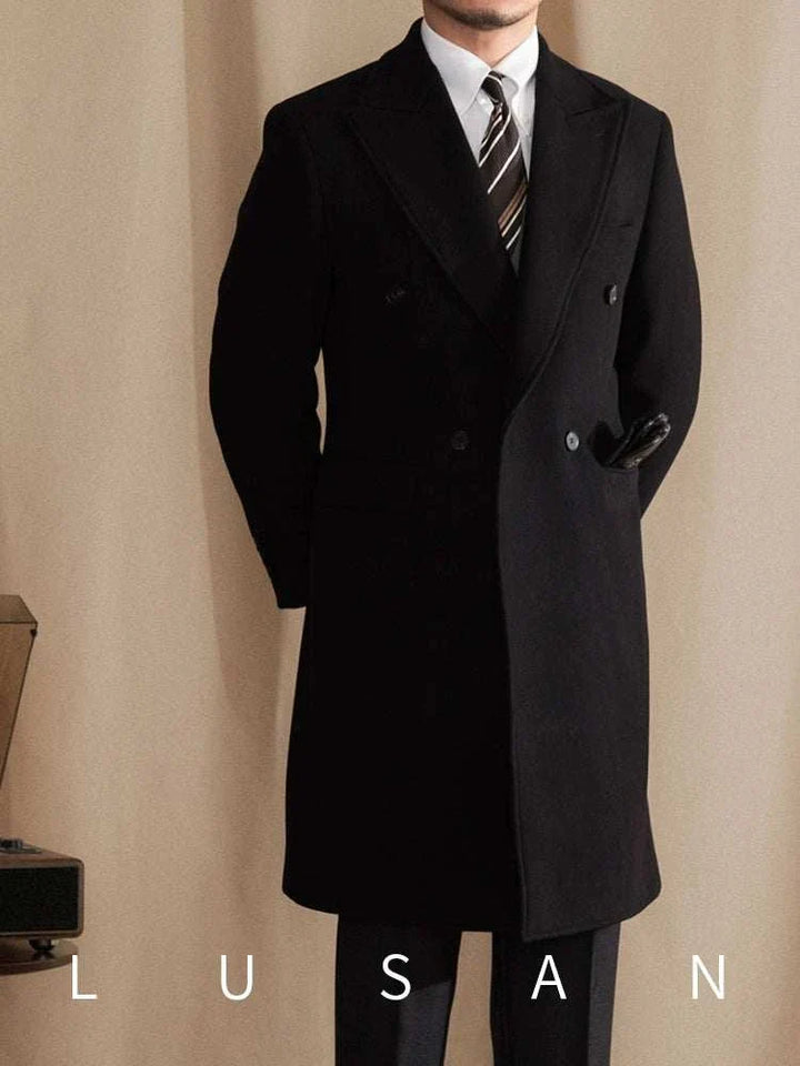 Mr. Lusan coat black double-breasted wool overcoat with wide lapels and detailed stitching for a stylish formal look