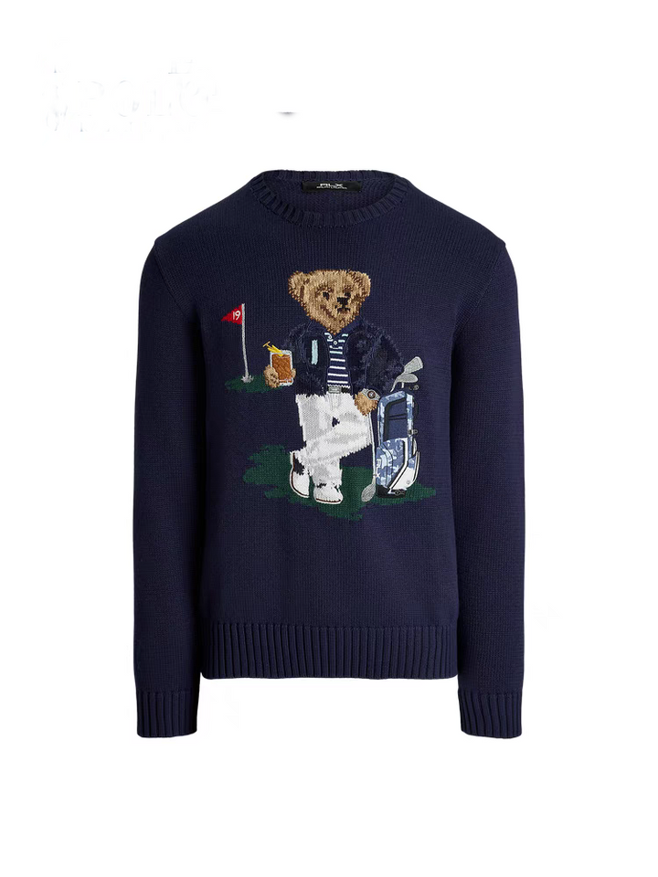 كنزة رجالية قطنية بتطريز دب مطرز تصميم أزرق أنيق لصيف وخريف 2025