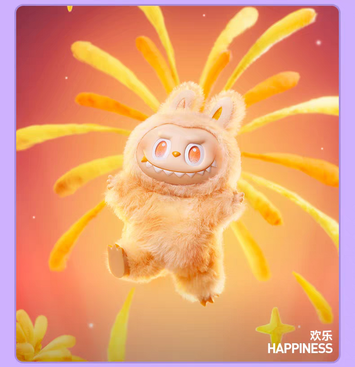 Pop Mart THE MONSTERS plush toy in orange bunny costume, representing happiness.