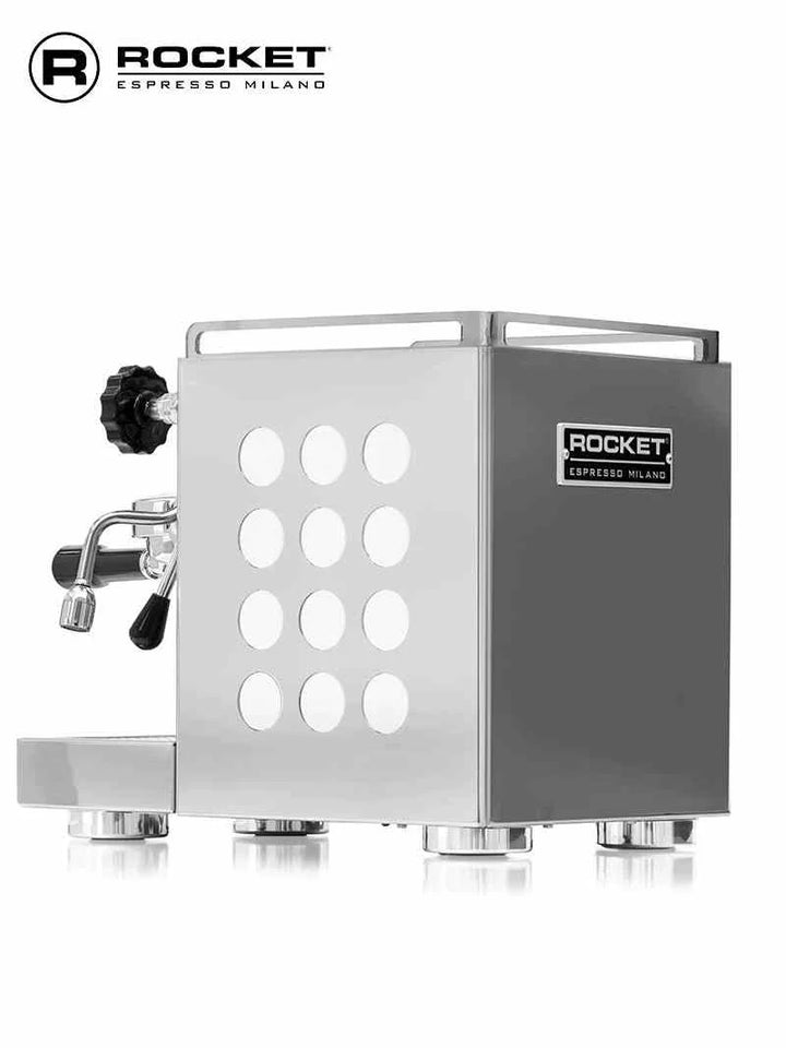 Rocket Appartamento espresso machine compact stainless steel Italian design with copper boiler and dual wall steam wand.