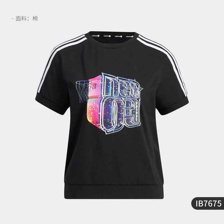 Black Adidas t-shirt with youthful graffiti design and iconic three stripes on the shoulders.