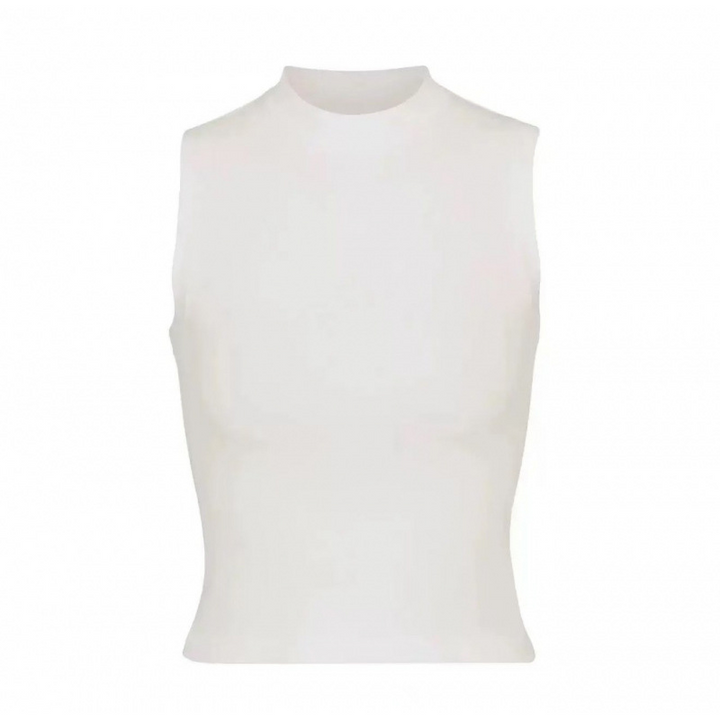 White SKIMS sleeveless mock neck tank top with a soft stretchy fabric for a sleek fit and versatile style.