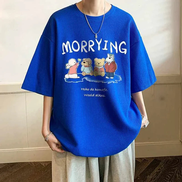 Blue MORRYING t-shirt with cartoon character print and relaxed fit for casual wear